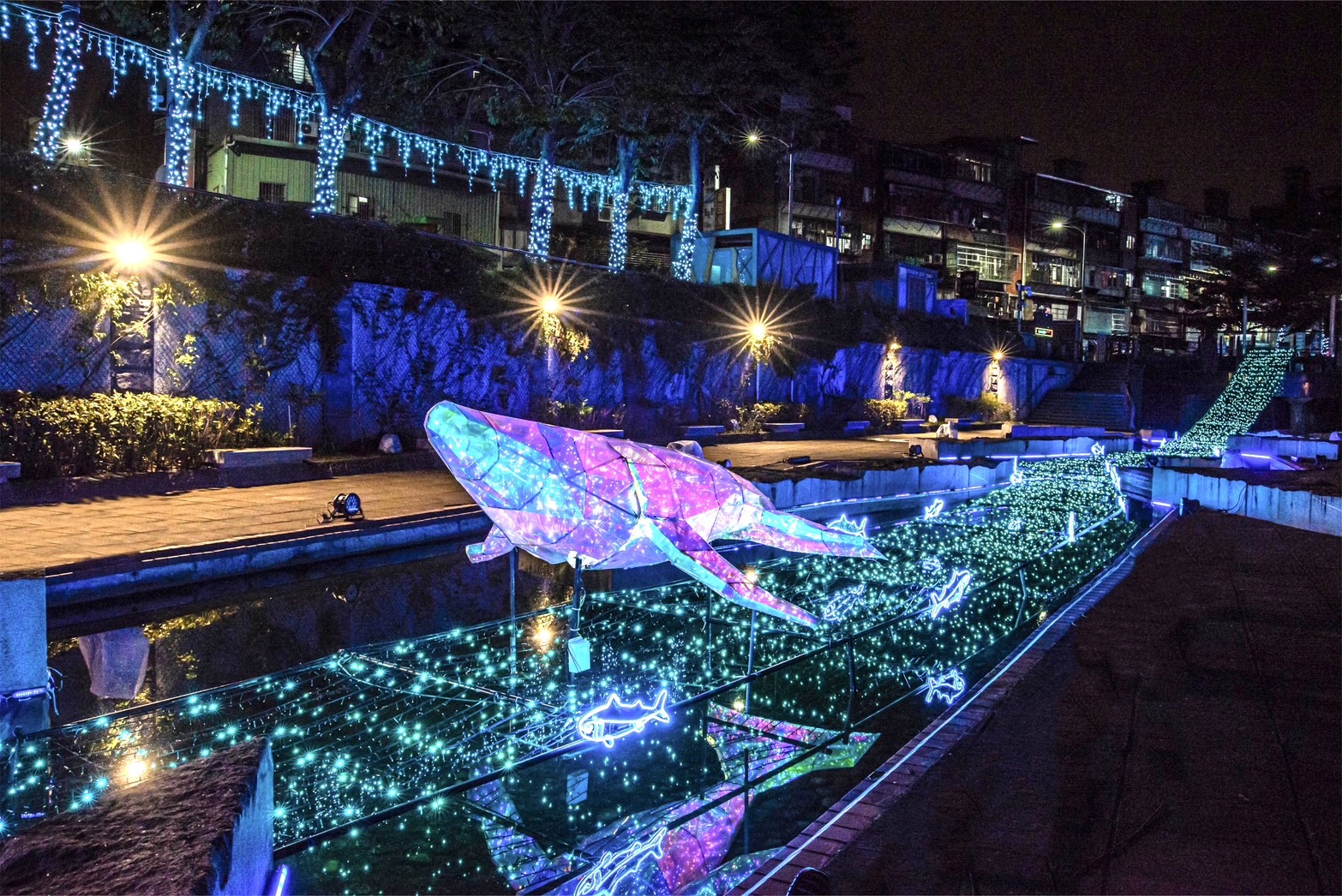 光雕展中可見到3公尺長的巨型炫彩愛情鯨魚，飛躍而上。圖片來源：新北市政府