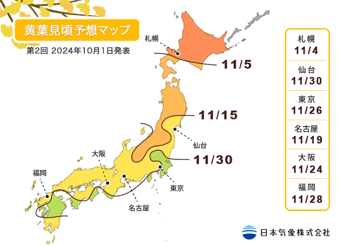 2024黃葉預測。圖片來源：日本氣象株式會社