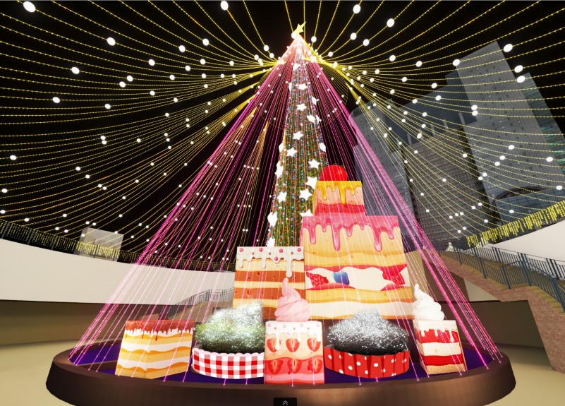 主燈《甜點星》，將耶誕樹打造成天幕式的抹茶蛋糕樣式。圖片來源：新北市政府