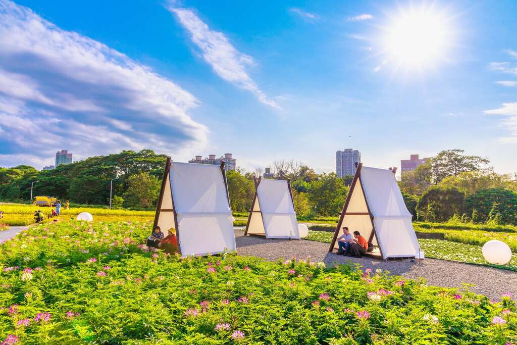 古亭河濱花海今年多了鄉村風帳篷，讓民眾感受超chill的賞花樂趣。圖片來源：台北市政府水利處
